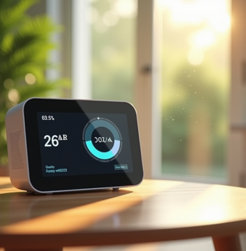 Salon moderne avec moniteur de qualité de l'air sur une table en bois