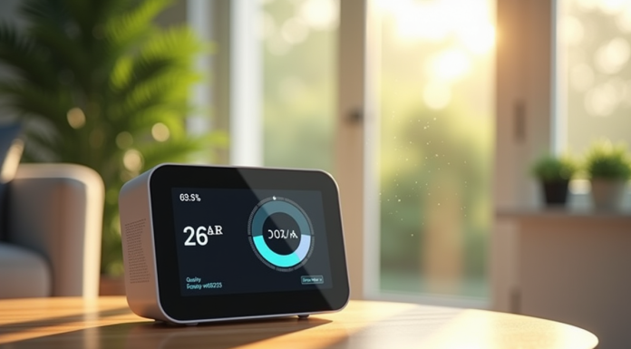 Salon moderne avec moniteur de qualité de l'air sur une table en bois