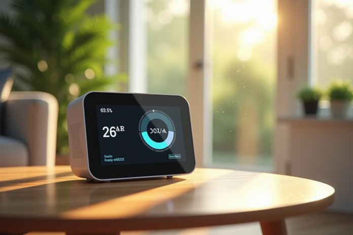 Salon moderne avec moniteur de qualité de l'air sur une table en bois