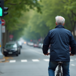 Homme à vélo devant feu vert dans la ville