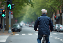 Homme à vélo devant feu vert dans la ville