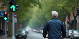 Homme à vélo devant feu vert dans la ville