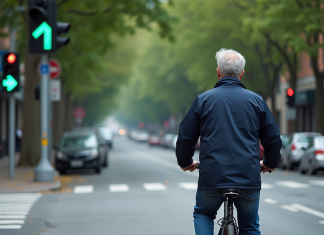 Flèche verte : respecter ou pas ? Le code de la route expliqué Homme à vélo devant feu vert dans la ville