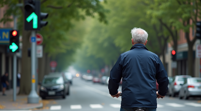 Homme à vélo devant feu vert dans la ville