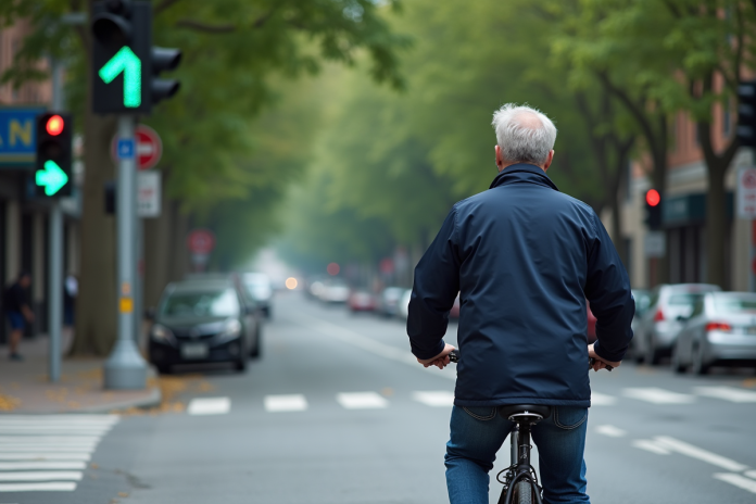 Homme à vélo devant feu vert dans la ville