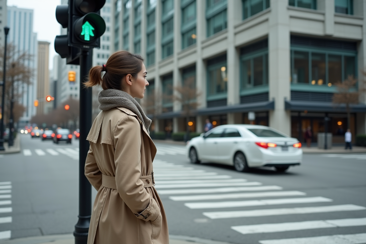 Jeune femme regardant le feu de circulation