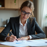 Femme d'affaires remplissant formulaires d'immatriculation