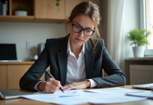 Femme d'affaires remplissant formulaires d'immatriculation