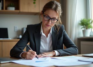 Femme d'affaires remplissant formulaires d'immatriculation