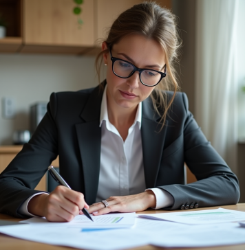 Femme d'affaires remplissant formulaires d'immatriculation