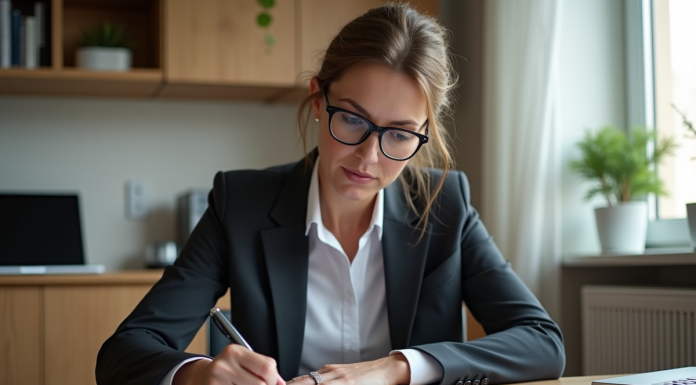 Femme d'affaires remplissant formulaires d'immatriculation