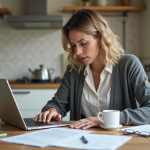 Femme concentrée sur son ordinateur avec documents et carte d'identite