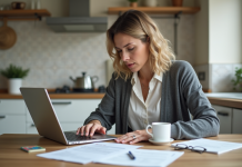 Femme concentrée sur son ordinateur avec documents et carte d'identite