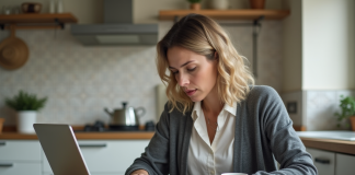Déclarer une perte de carte grise sur ANTS : démarche efficace et rapide Femme concentrée sur son ordinateur avec documents et carte d'identite