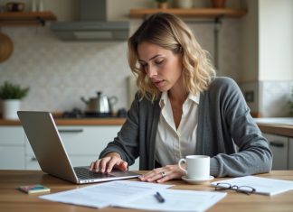 Femme concentrée sur son ordinateur avec documents et carte d'identite