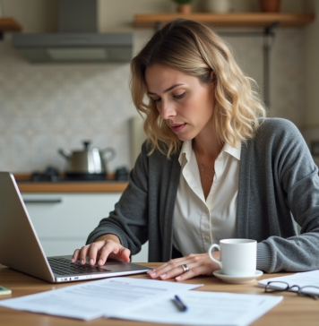 Déclarer une perte de carte grise sur ANTS : démarche efficace et rapide Femme concentrée sur son ordinateur avec documents et carte d'identite