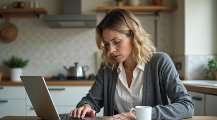 Femme concentrée sur son ordinateur avec documents et carte d'identite
