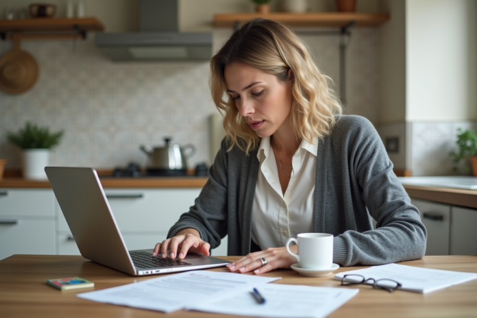 Femme concentrée sur son ordinateur avec documents et carte d'identite