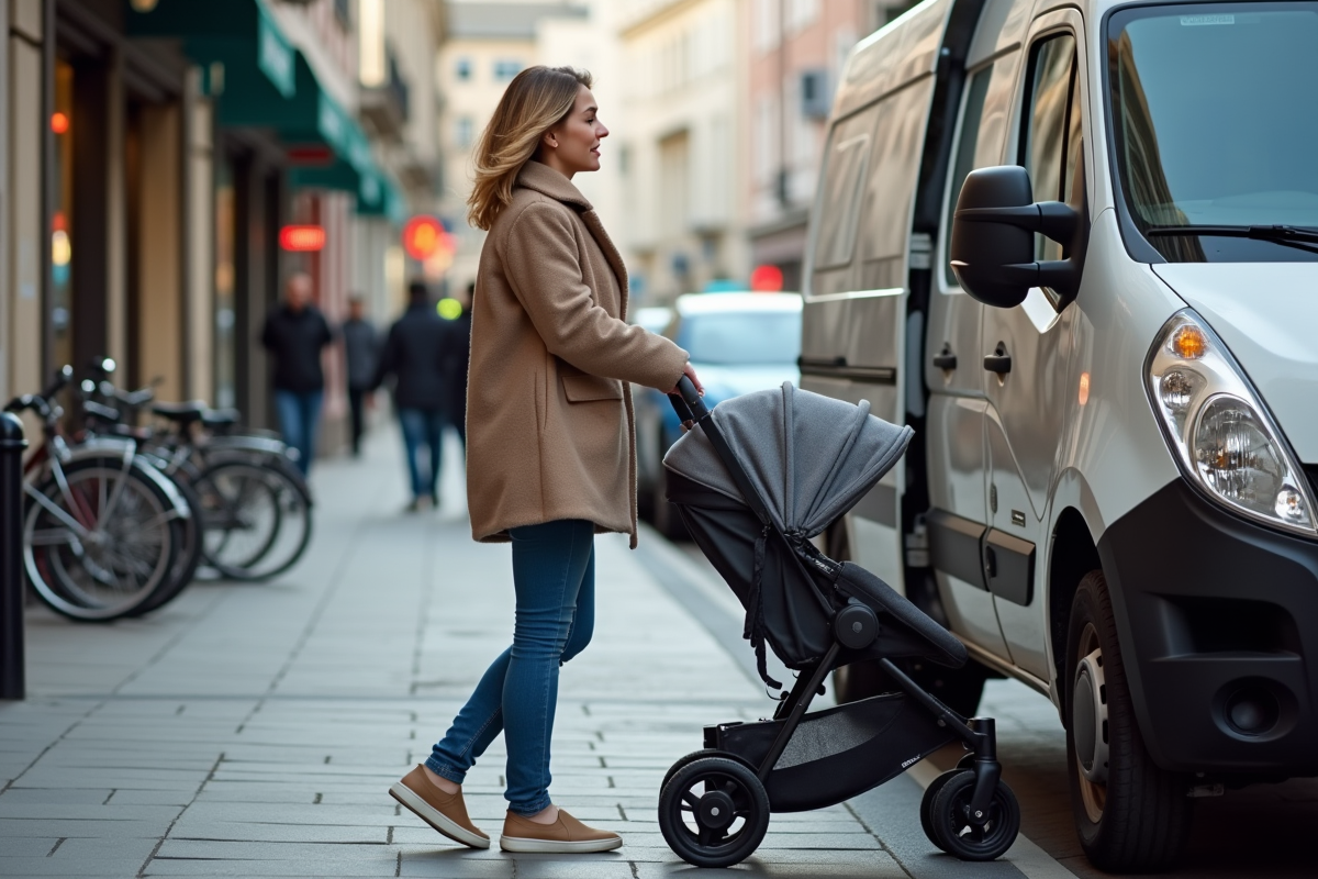 Jeune femme poussant une poussette face à un véhicule stationne