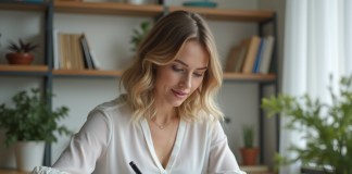 Femme remplissant un formulaire d'assurance auto à la maison