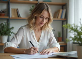Délai résiliation contrat assurance auto: comment faire ? Femme remplissant un formulaire d'assurance auto à la maison