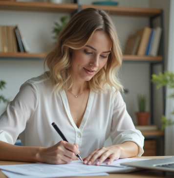 Femme remplissant un formulaire d'assurance auto à la maison