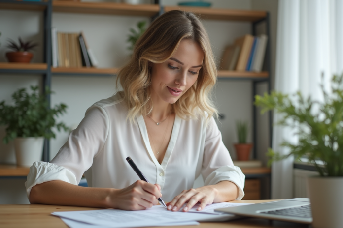 Femme remplissant un formulaire d'assurance auto à la maison