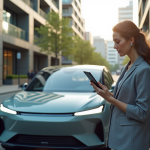 Voitures hybrides : prévisions et enjeux pour 2035 Femme d affaires devant une voiture hybride en ville