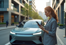 Femme d affaires devant une voiture hybride en ville