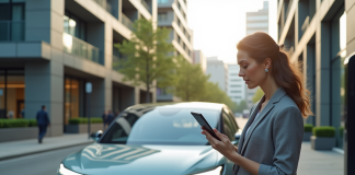 Femme d affaires devant une voiture hybride en ville