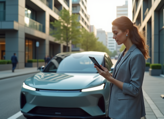 Femme d affaires devant une voiture hybride en ville