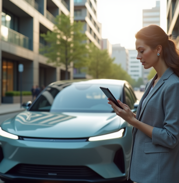 Voitures hybrides : prévisions et enjeux pour 2035 Femme d affaires devant une voiture hybride en ville