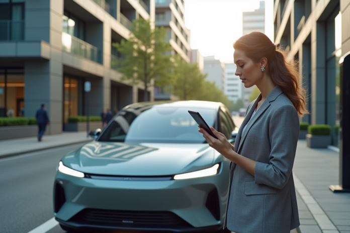 Femme d affaires devant une voiture hybride en ville