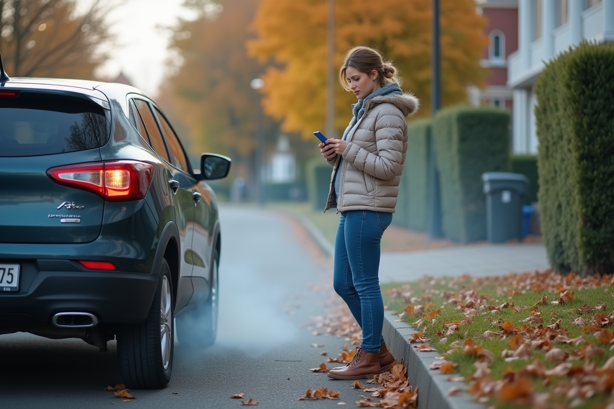 Jeune femme observant la fumée d’un véhicule diesel en rue