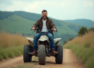 Homme adulte souriant sur un quad en pleine nature