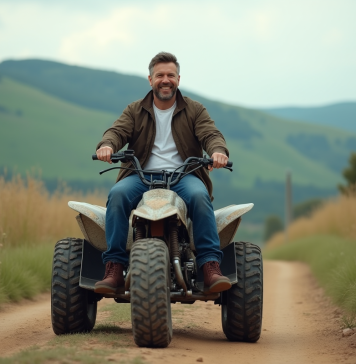 Homme adulte souriant sur un quad en pleine nature