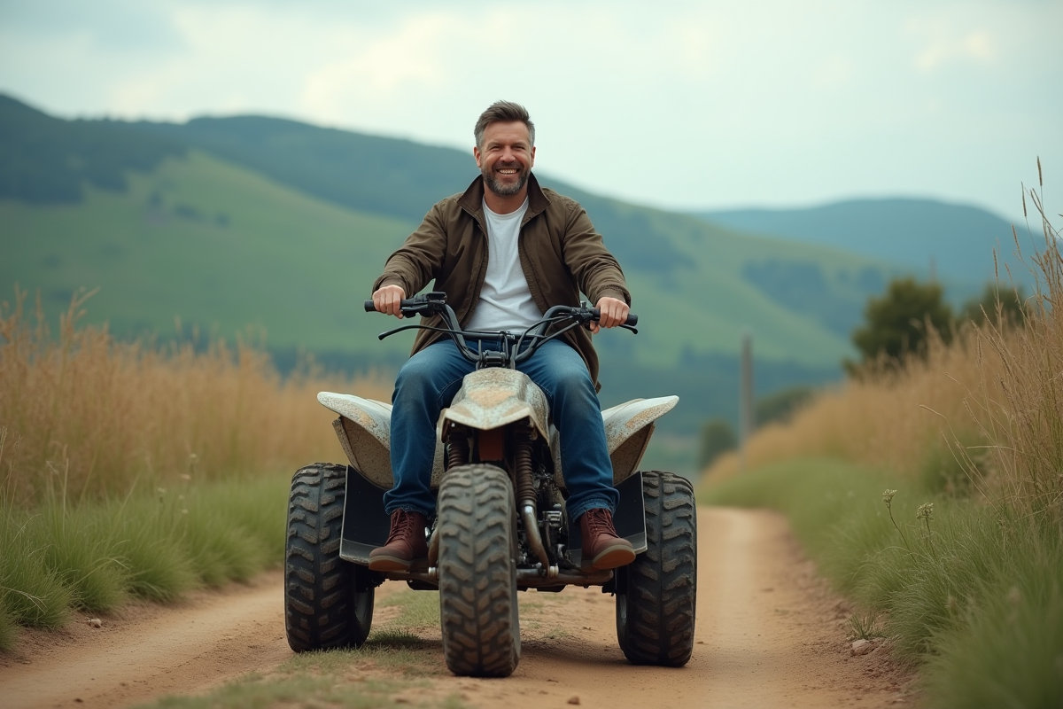Homme adulte souriant sur un quad en pleine nature