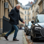 Stationnement très gênant sur trottoir : que doit-on savoir ? Homme d'âge moyen évitant une voiture sur un trottoir urbain