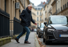 Homme d'âge moyen évitant une voiture sur un trottoir urbain