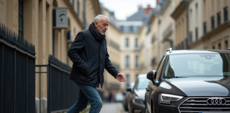Homme d'âge moyen évitant une voiture sur un trottoir urbain