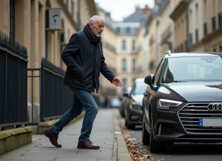 Stationnement très gênant sur trottoir : que doit-on savoir ? Homme d'âge moyen évitant une voiture sur un trottoir urbain