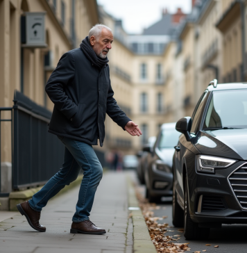 Stationnement très gênant sur trottoir : que doit-on savoir ? Homme d'âge moyen évitant une voiture sur un trottoir urbain