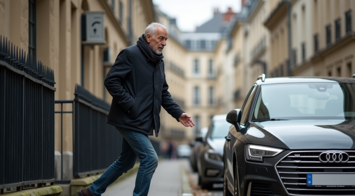 Stationnement très gênant sur trottoir : que doit-on savoir ? Homme d'âge moyen évitant une voiture sur un trottoir urbain