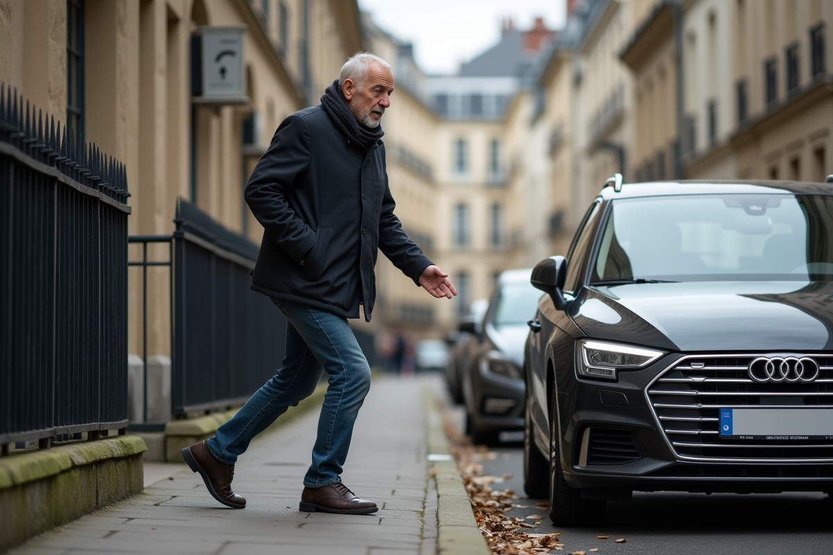 Homme d'âge moyen évitant une voiture sur un trottoir urbain