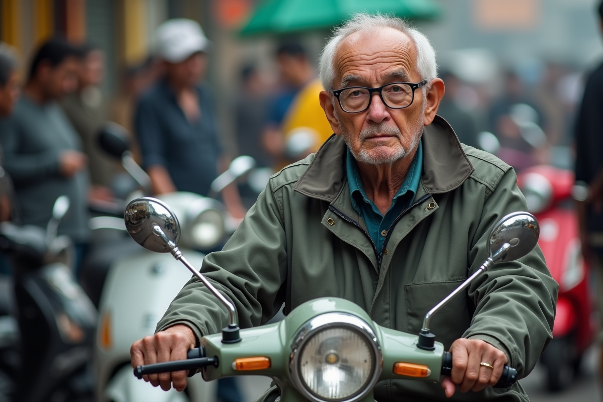 Homme âgé sur scooter 50cc dans marché de motos d