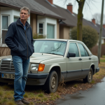 Homme d age devant une voiture abandonnée et poussiereuse