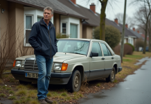 Homme d age devant une voiture abandonnée et poussiereuse
