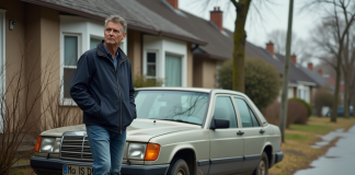 Homme d age devant une voiture abandonnée et poussiereuse