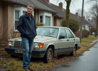 Homme d age devant une voiture abandonnée et poussiereuse