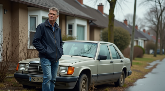 Homme d age devant une voiture abandonnée et poussiereuse